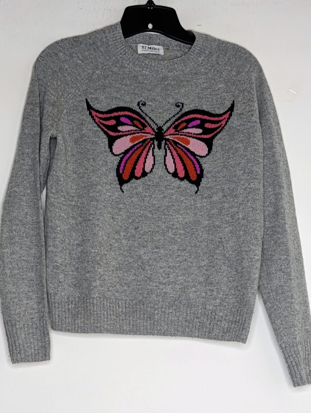 27 Miles Malibu 100% Cashmere Butterfly 🦋 Graphic Sweater in Gray